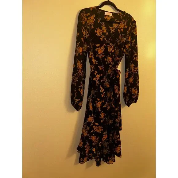 C+D+M Boho Preppy Professional Old Money Black & Gold Floral Wrap Dress - Picture 5 of 14